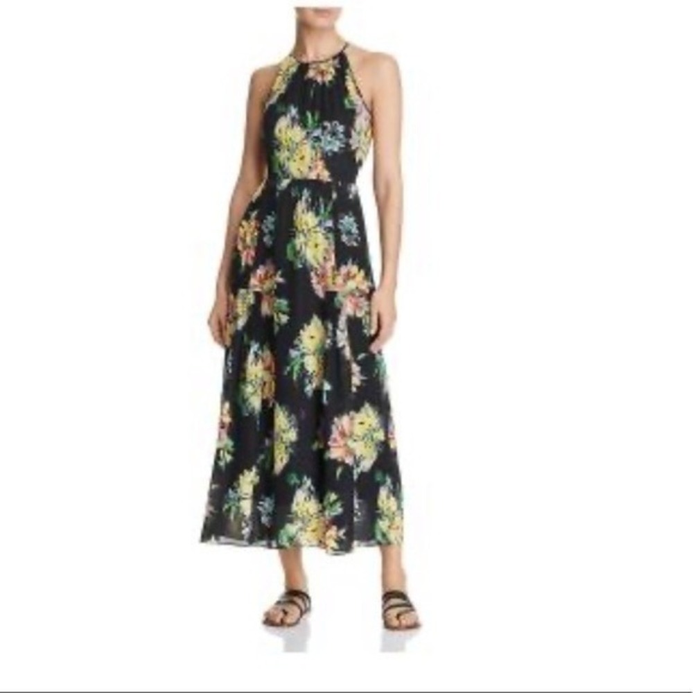 Kobi Halperin Silk Black Floral Sleeveless Maxi Gathered Dress‎ Size Small